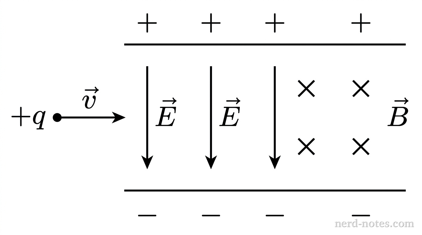 A schematic diagram showing two horizontal parallel line segments of equal length, one positioned directly above the other. Above the top line segment is a row of three plus signs. Below the bottom line segment is a row of three minus signs. In the region between the line segments, three downward vertical arrows are spaced horizontally, each labeled \vec{E}. In the same region, four cross symbols are arranged in a two-by-two grid, with a single label \vec{B} to the right. To the left of the line segments, a horizontal arrow points to the right toward the central opening between the plates. At the tail of this arrow is a small filled circle labeled +q, and above the arrow shaft is the label \vec{v}. No other labels, lines, text, or axes appear.