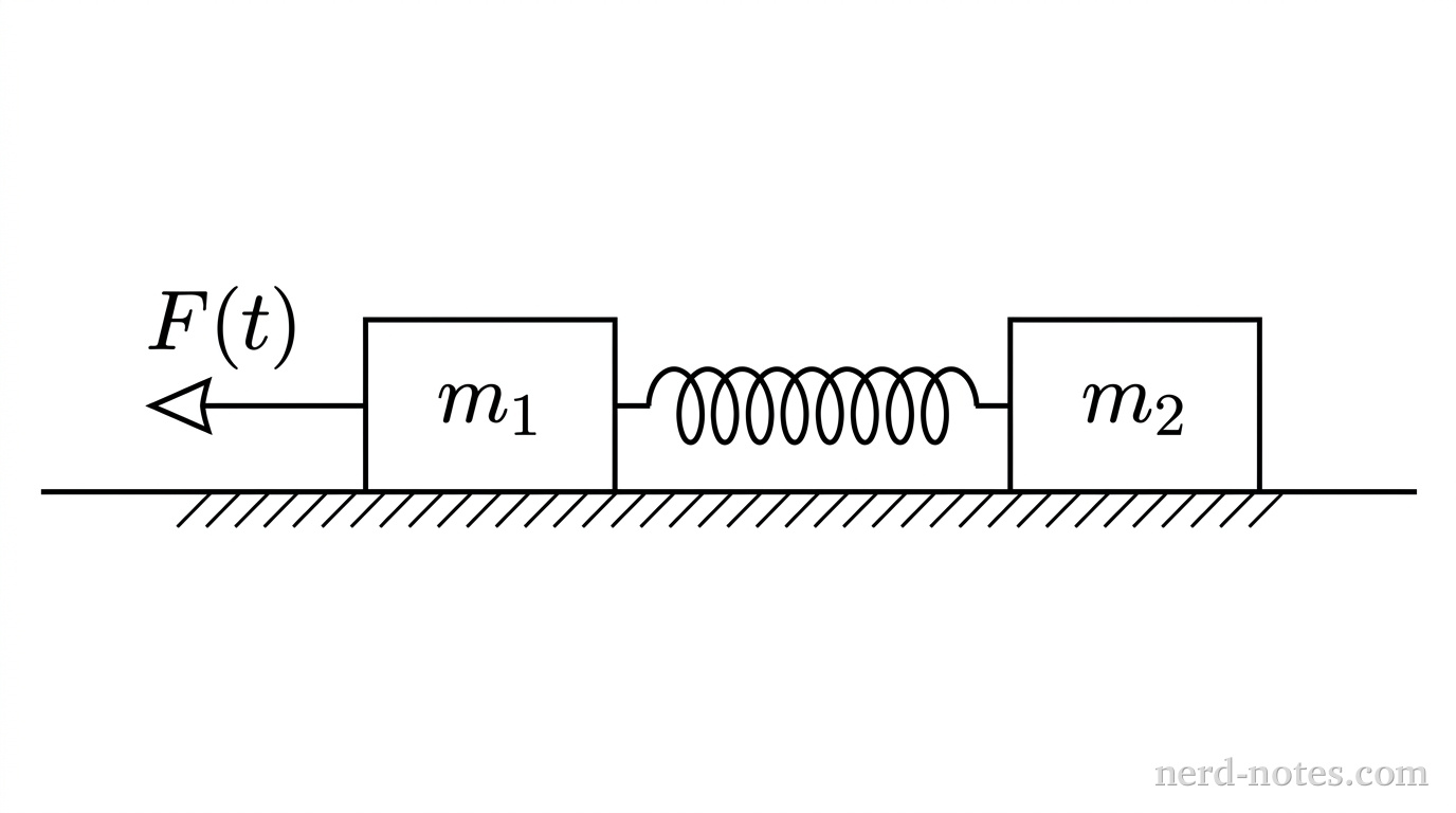 Two blocks connected by a spring on a frictionless surface.