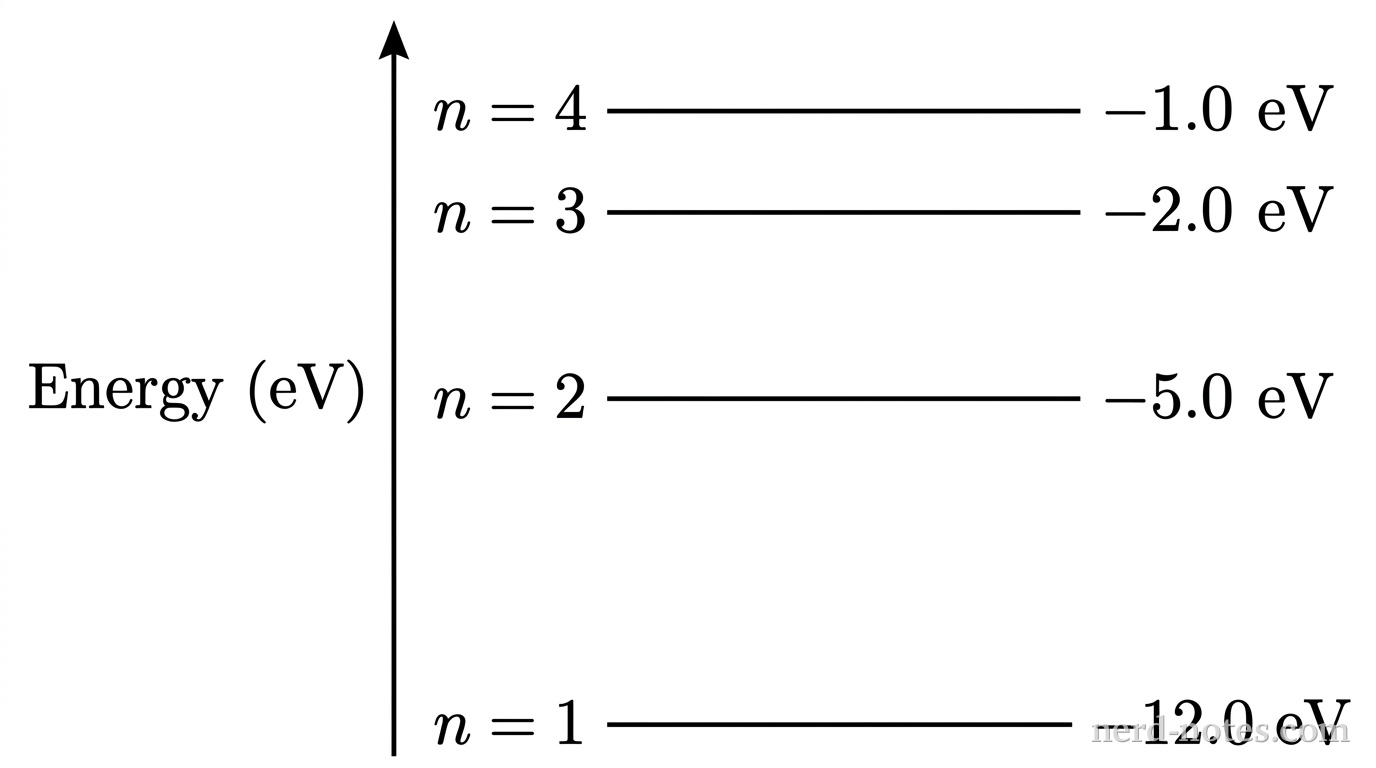 A vertical energy-level diagram showing four horizontal line segments stacked vertically. The bottom line segment is labeled n = 1 at its left and -12.0 eV at its right. Above it, a second horizontal line segment is labeled n = 2 at its left and -5.0 eV at its right. Above that, a third horizontal line segment is labeled n = 3 at its left and -2.0 eV at its right. Near the top, a fourth horizontal line segment is labeled n = 4 at its left and -1.0 eV at its right. The vertical spacing between the lines reflects their relative energy values, with the largest gap between n = 1 and n = 2. A vertical upward-pointing axis to the left is labeled Energy (eV). No other labels, lines, text, or axes appear.