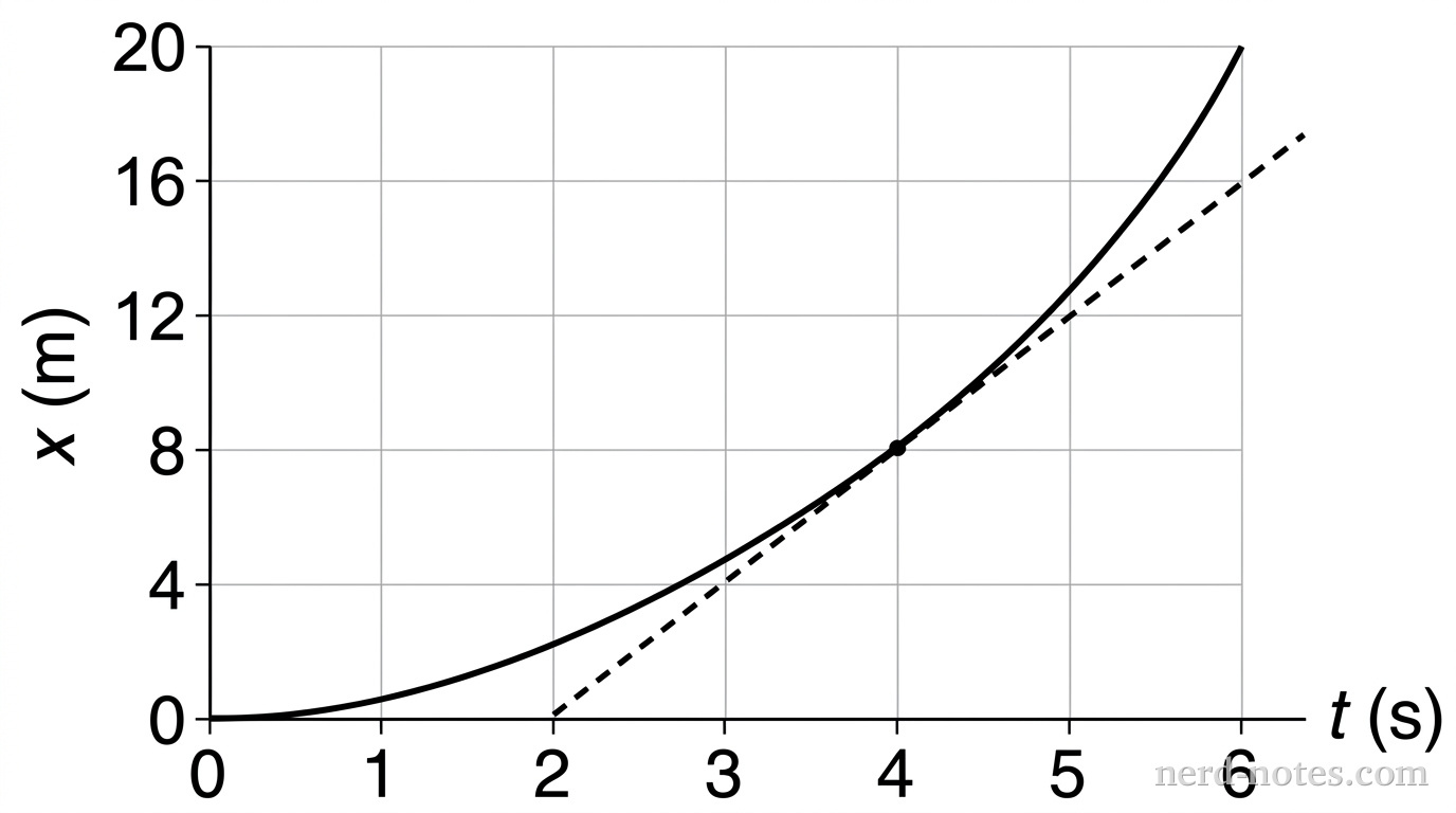 A position-vs-time graph with time on the x-axis ranging from 0 to 6 seconds and position on the y-axis ranging from 0 to 20 meters. The graph shows a smooth curve starting at the origin (0,0) and curving upward. At time t = 4 s, the position is x = 8 m. A dashed tangent line is drawn through the point (4, 8). This dashed line clearly passes through the points (2, 0) and (6, 16) on the grid.