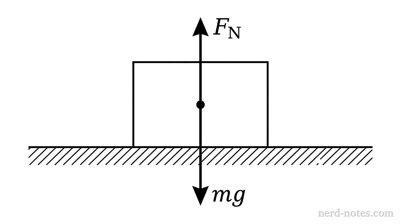 A rectangular block sits centered on a flat horizontal table surface. A small dot represents the center of mass of the block. An arrow labeled mg points downward from the center of mass. An arrow labeled F_N points upward from the surface of the table into the block.