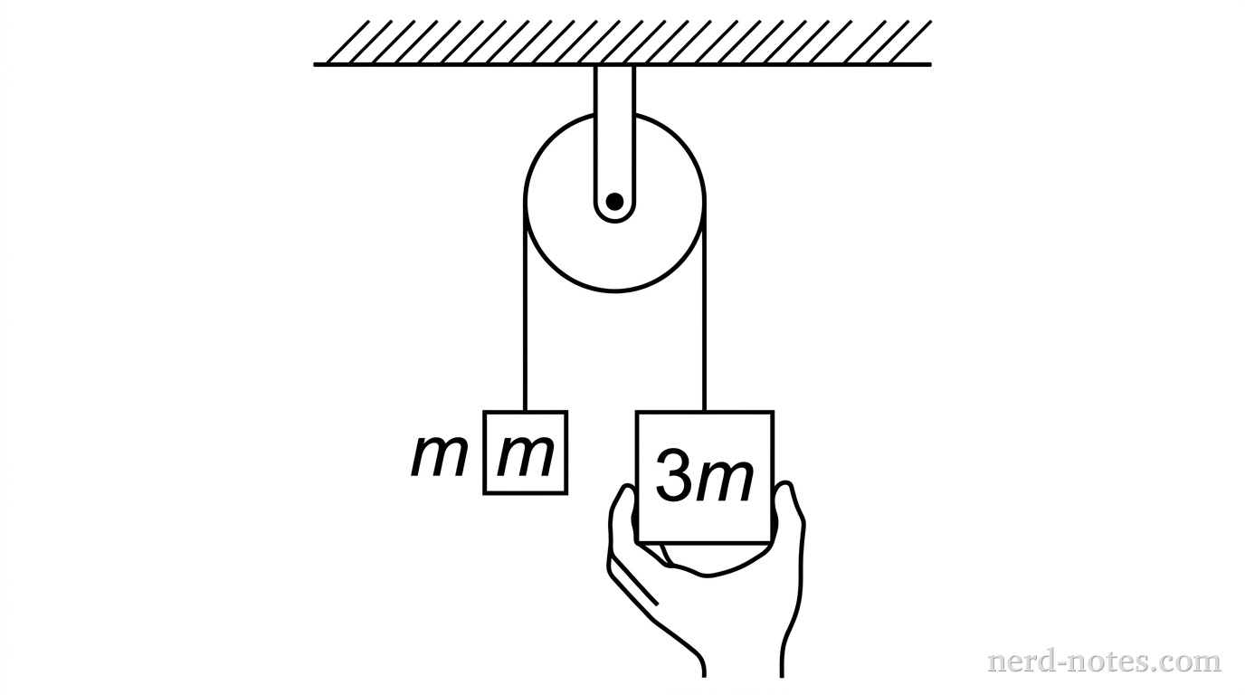 An Atwood machine with a pulley fixed to a ceiling. A string passes over the pulley. On the left side, a small block is labeled m. On the right side, a larger block is labeled 3m. A hand is shown holding the 3m block to keep it stationary.