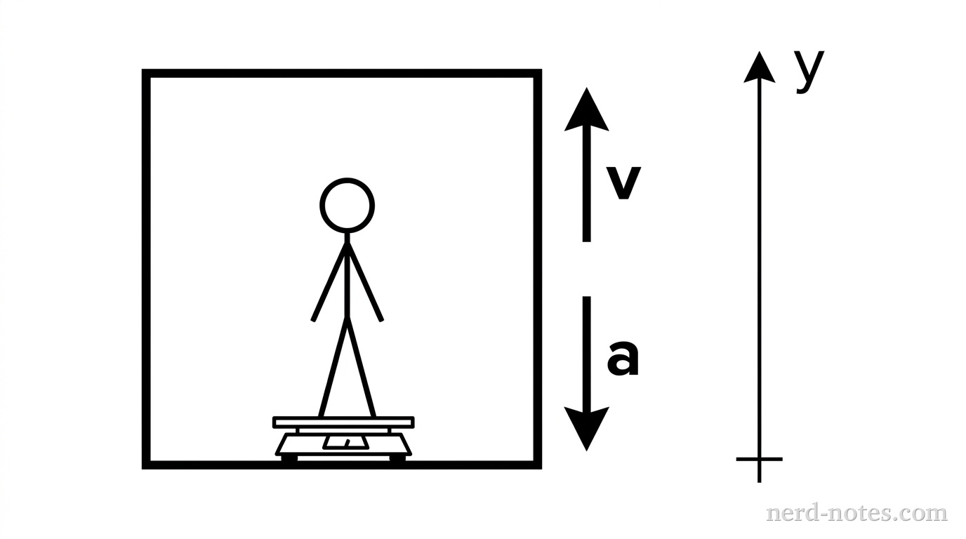 A rectangular elevator car containing a stick-figure person standing on a small platform scale. An arrow labeled 'v' points upward next to the elevator. An arrow labeled 'a' points downward next to the elevator. A coordinate axis is shown to the side with 'y' pointing upward as the positive direction.
