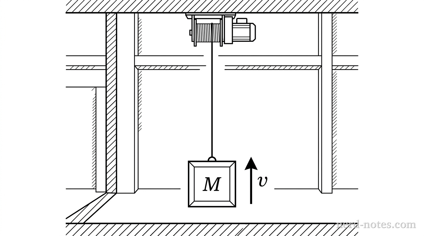 A winch lifting a crate of mass M at speed v.
