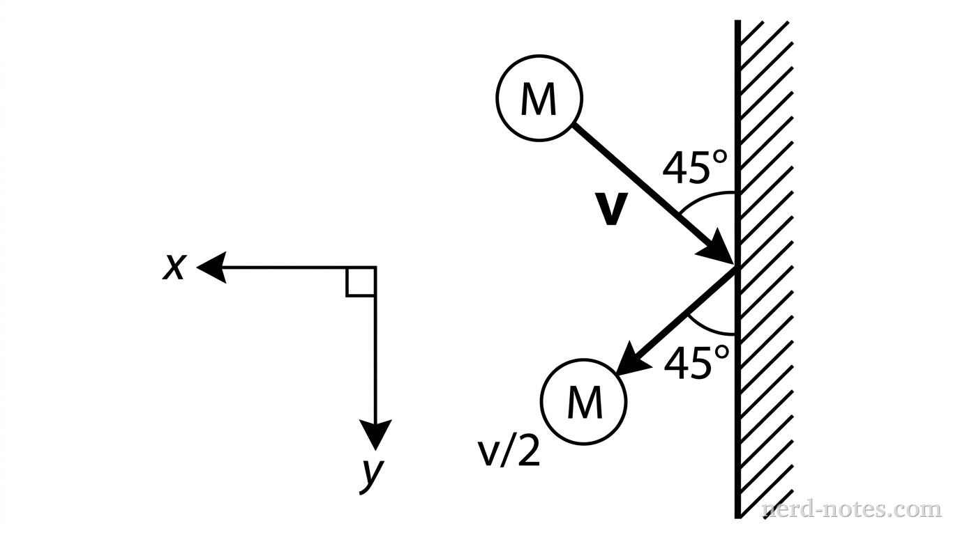 Trajectory of a ball bouncing off a wall with a loss of speed.