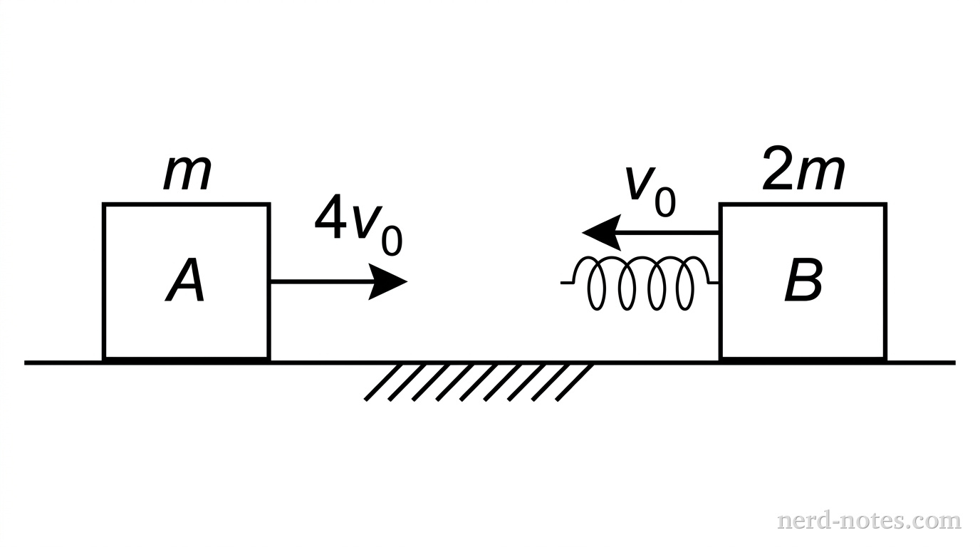 Two blocks approaching each other before a spring-mediated collision.
