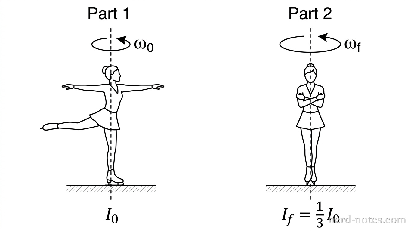 A two-part diagram showing a figure skater. In Part 1, the skater has arms and one leg extended horizontally, spinning about a vertical dashed axis with a curved arrow labeled omega_0. A label below reads I_0. In Part 2, the skater has their arms and legs pulled tight against their body, spinning about the same vertical dashed axis with a larger curved arrow labeled omega_f. A label below reads I_f = 1/3 I_0.