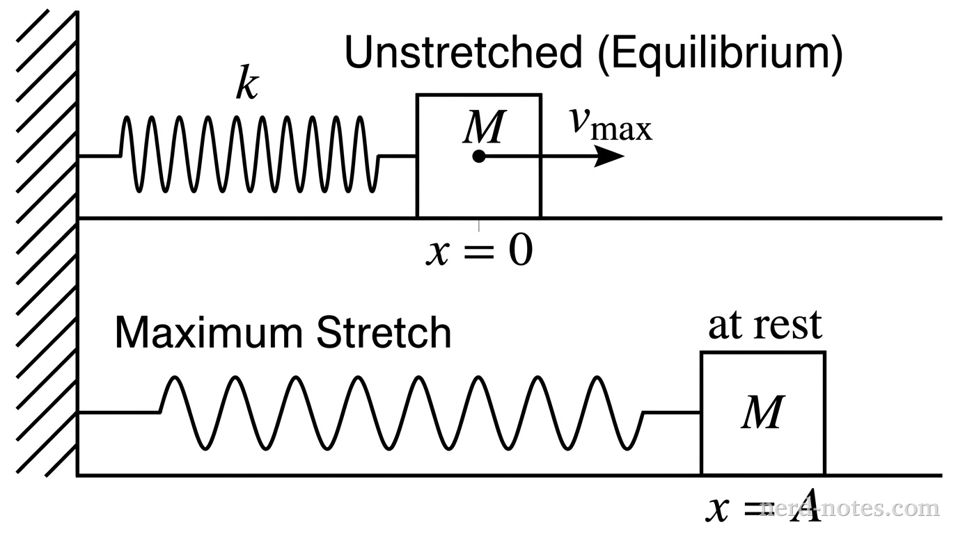 A spring-block system oscillating on a frictionless surface.