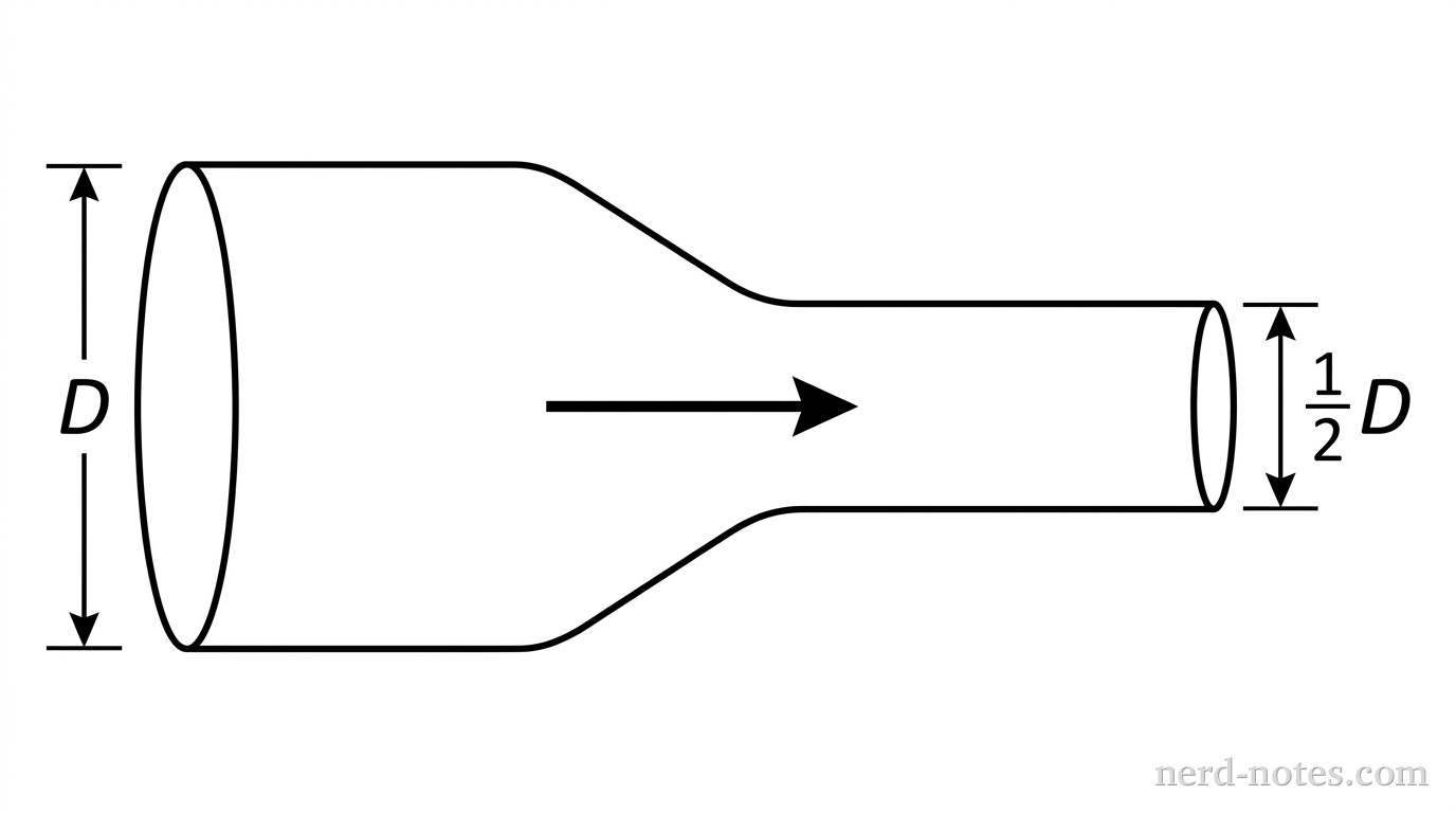A horizontal pipe segment. On the left side, the pipe has a large diameter labeled D. On the right side, the pipe tapers down smoothly to a smaller diameter labeled 1/2 D. An arrow points to the right through the pipe to indicate fluid flow.