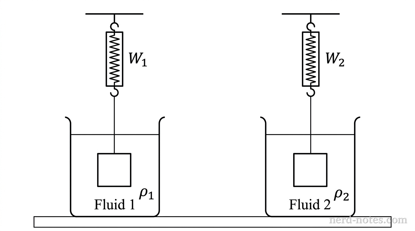 A block of metal submerged in two different fluids while suspended from a spring scale.