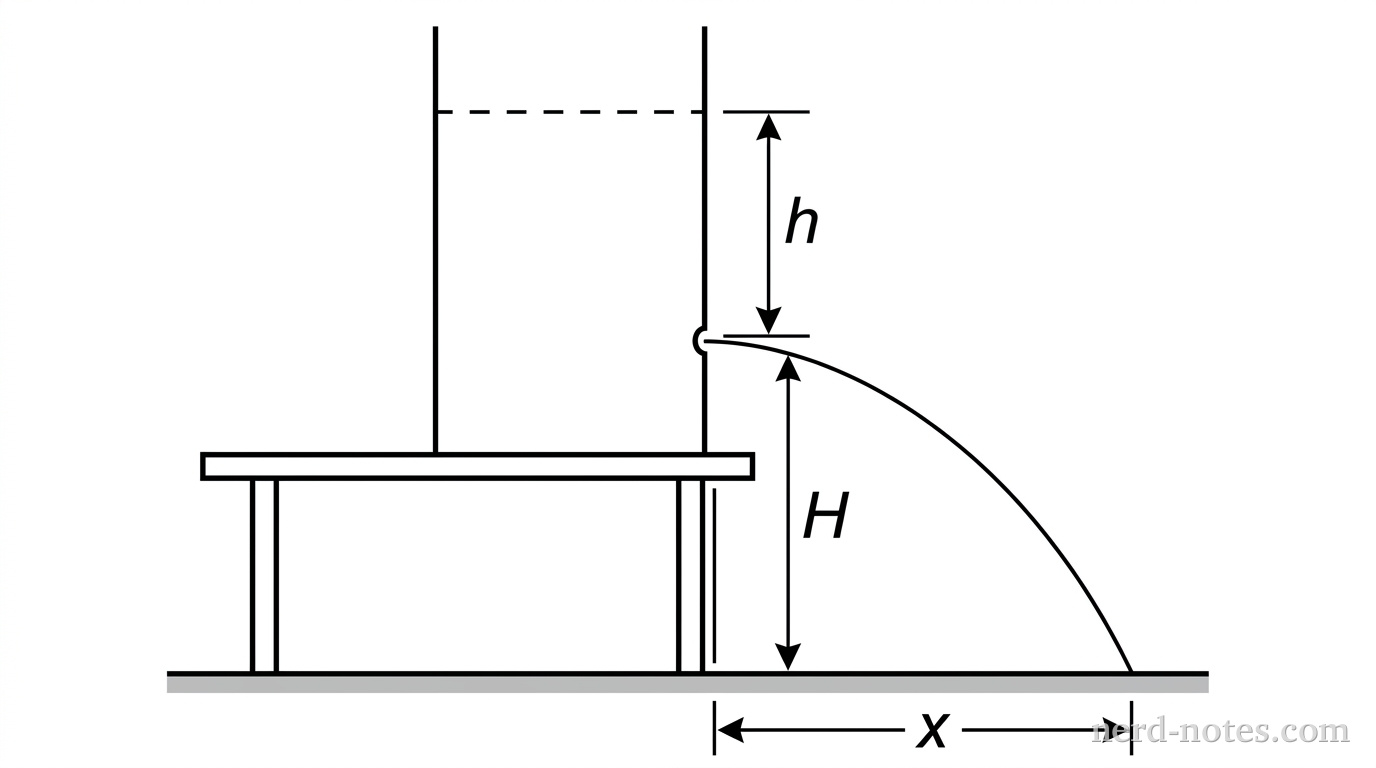 A tall vertical cylinder filled with water resting on a horizontal table. A small hole is on the right side of the cylinder. A dashed horizontal line indicates the water surface. A dimension arrow labeled '\(h\)' points from the water surface down to the hole. A dimension arrow labeled '\(H\)' points from the hole down to the floor. A curved parabolic path shows water shooting horizontally out of the hole and landing on the floor. A horizontal dimension arrow labeled '\(x\)' points from the base of the table edge to the point where the water lands.