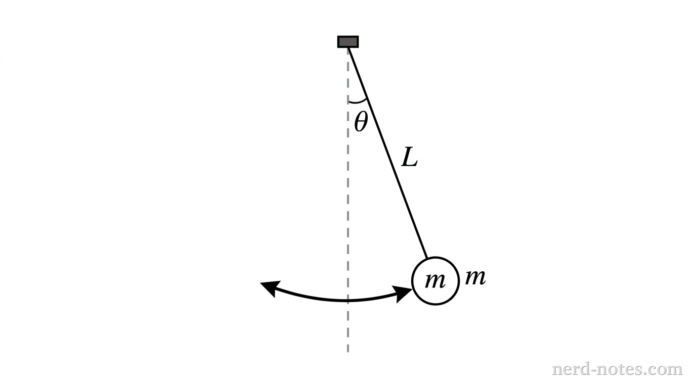 A simple pendulum consists of a pivot point at the top, a thin string of length L extending downwards at a small angle from a vertical dashed line. A circular bob of mass m is at the end of the string. A curved double-headed arrow indicates the path of oscillation.