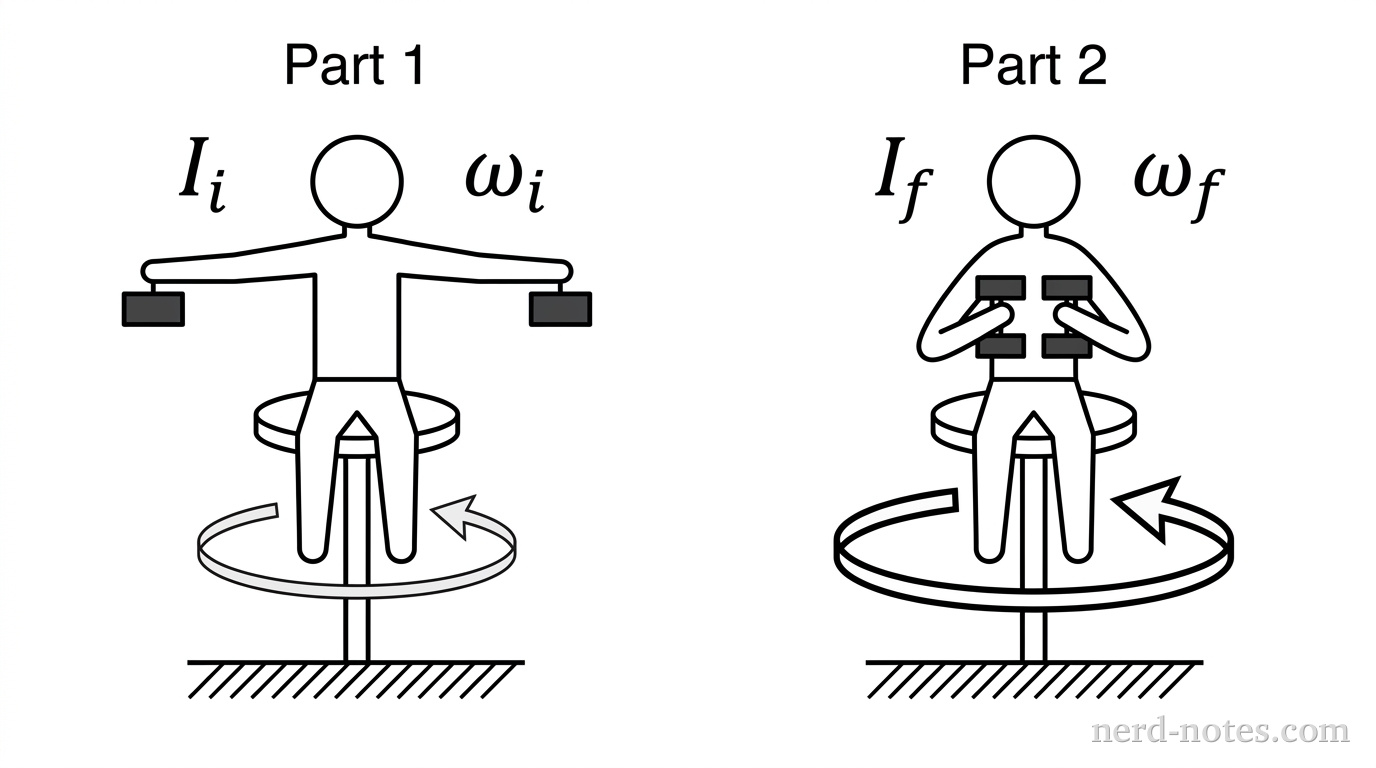 Two-part illustration of a student on a rotating stool. Part 1 shows the student with arms extended holding weights, labeled with rotational inertia I_i and angular velocity omega_i. A curved arrow indicates the direction of rotation. Part 2 shows the same student with weights pulled tightly to their chest, labeled with rotational inertia I_f and angular velocity omega_f. The curved arrow in Part 2 is larger and thicker than in Part 1, suggesting faster rotation.