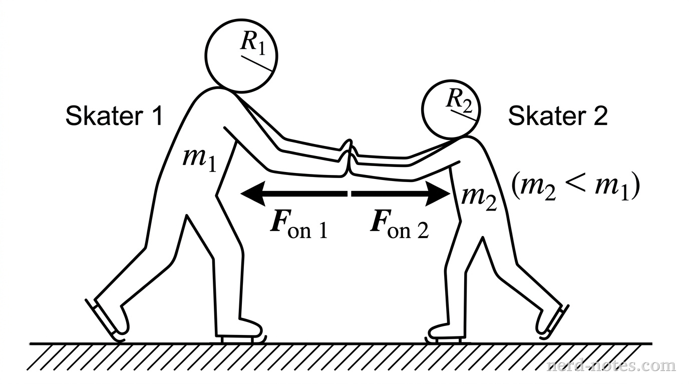 Two skaters on a flat horizontal surface. Skater 1 is larger and represented on the left, pushing with hands extended against Skater 2, who is smaller and on the right. Arrows point away from the point of contact to indicate the direction of the forces they exert on each other.