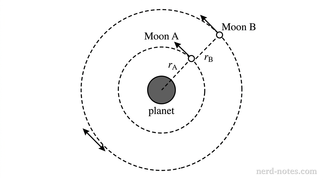 A central planet is shown with two concentric circular paths around it. The inner path is labeled Moon A with a dashed line indicating a radius r_A. The outer path is labeled Moon B with a dashed line indicating a radius r_B. Moon B's orbit is shown significantly further from the planet than Moon A's orbit.