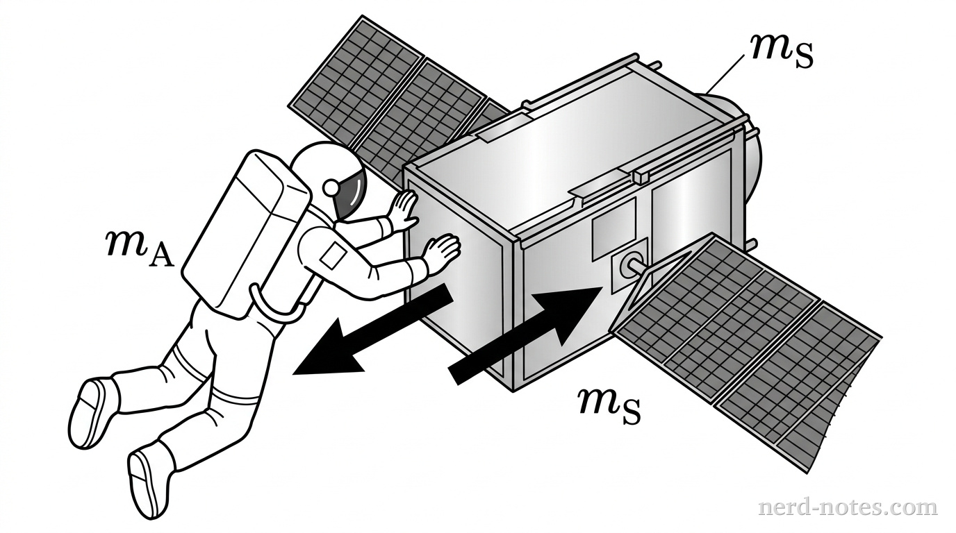 An astronaut in a white space suit is shown floating in the vacuum of space. The astronaut's hands are pressed against a large, rectangular metallic satellite that has solar panels attached. Arrows indicate that the astronaut is pushing away from the satellite. The astronaut is labeled 'm_A' and the satellite is labeled 'm_S'.