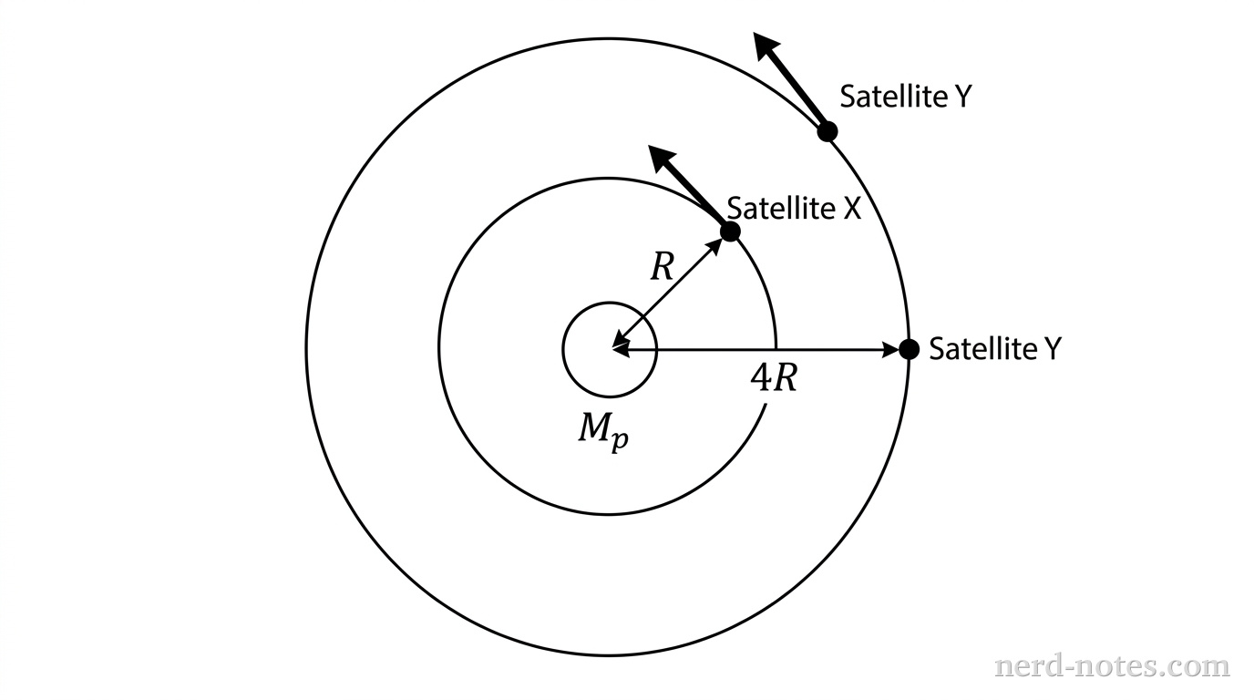 A diagram showing a central planet labeled M_p. Two circular orbital paths are shown around the planet. Satellite X is shown on the inner path at a distance R from the center. Satellite Y is shown on the outer path at a distance 4R from the center. Arrows indicate the tangential velocity of each satellite.