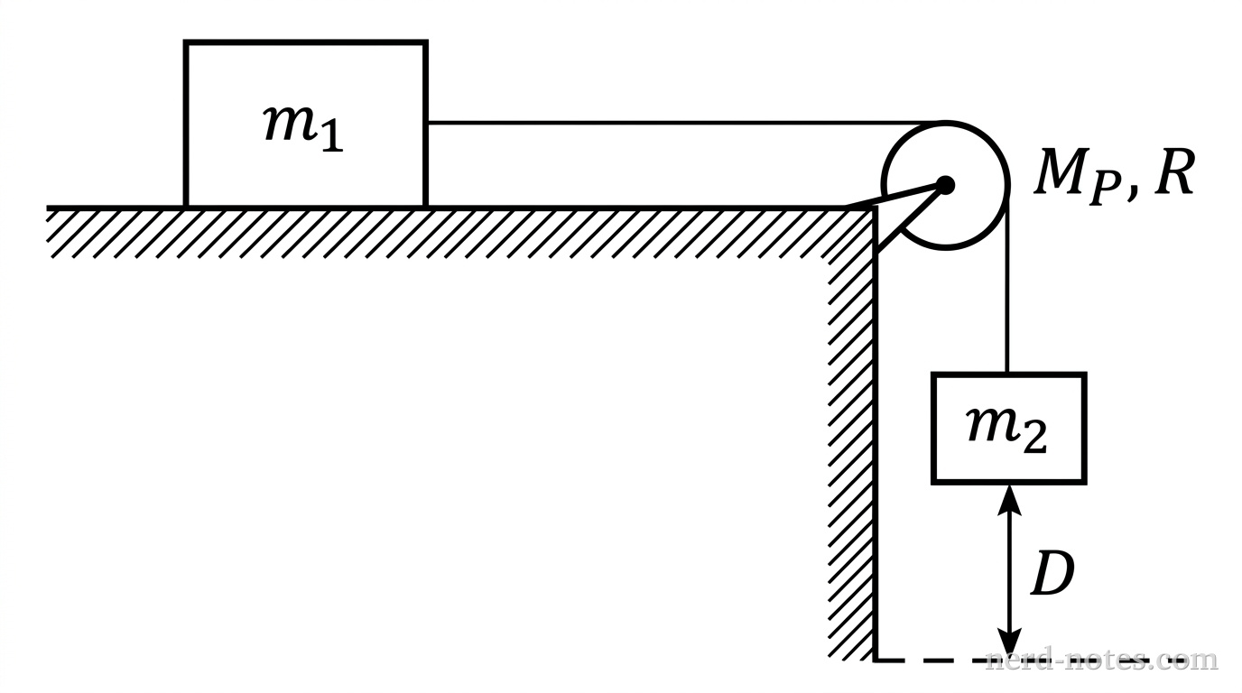 Figure 1. Block 1 connected to Block 2 over a massive pulley.