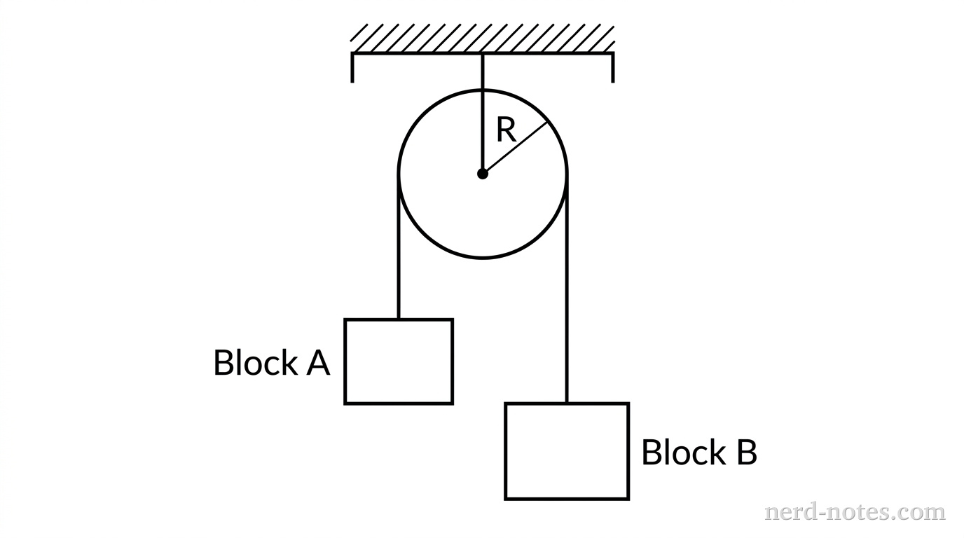 Figure 1. Blocks A and B connected over a massive solid pulley.