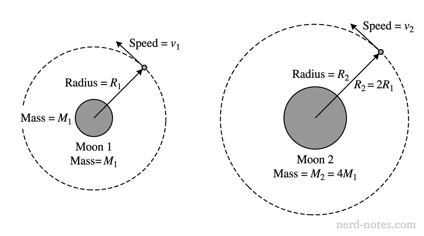 Two separate diagrams showing a probe in a circular orbit around a moon. On the left, Moon 1 has mass M1 and a probe orbits at radius R1 with speed v1. On the right, Moon 2 has mass M2 = 4M1 and a probe orbits at radius R2 = 2R1 with speed v2. The orbits are shown as dashed circles around the central spheres.