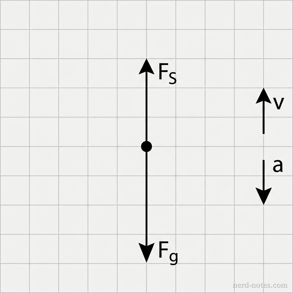 A simplified free-body diagram of a person. A central dot represents the person. An arrow labeled F_S points vertically upward from the dot. An arrow labeled F_g points vertically downward from the dot. The downward arrow is visibly longer than the upward arrow. To the side of the diagram, a velocity vector arrow points upward and an acceleration vector arrow points downward.