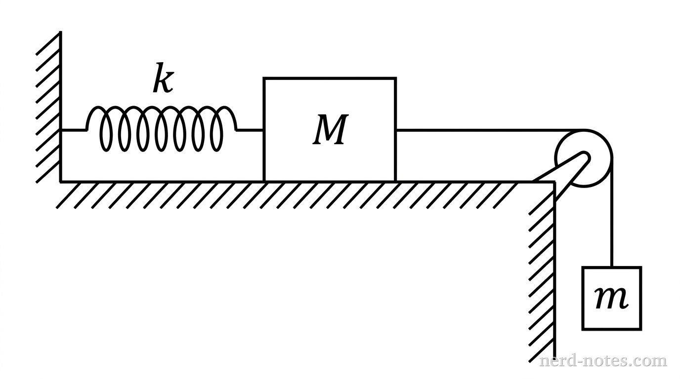A block of mass M sits on a horizontal surface. To its left, it is attached to a horizontal spring which is fixed to a vertical wall. To its right, it is attached to a string that goes over a pulley at the edge of the table. A mass m hangs vertically from the string. The spring is shown in a stretched state.