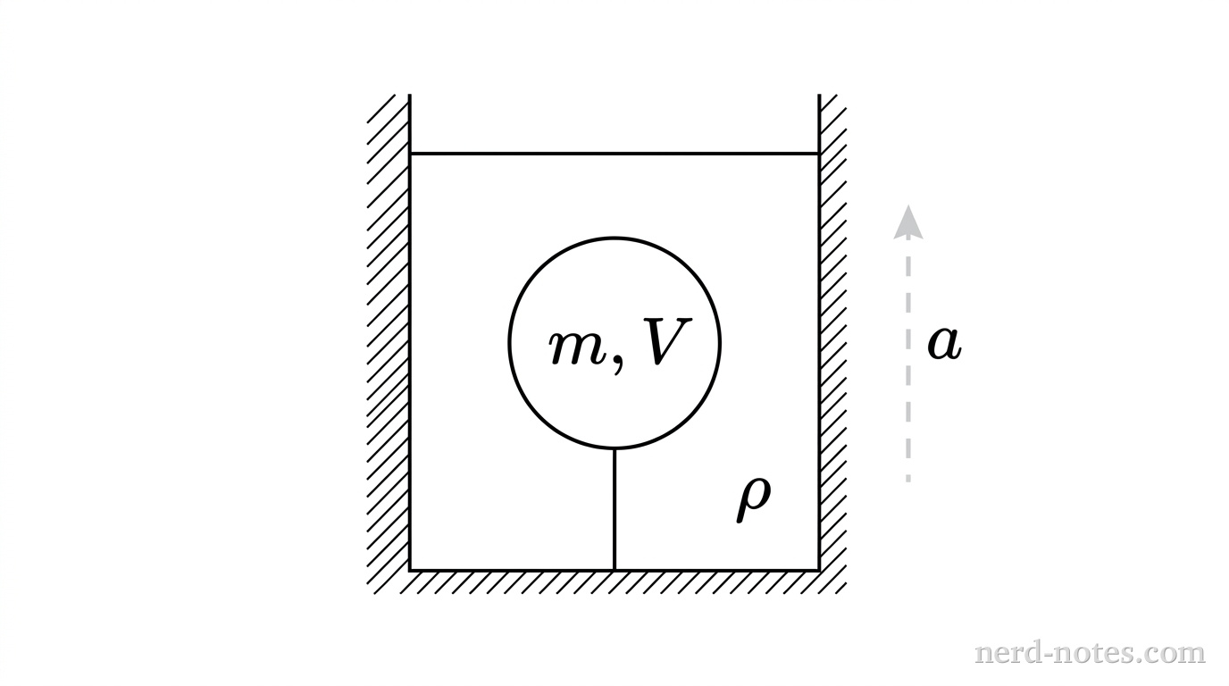 A submerged sphere tied to the bottom of an accelerating container of liquid.
