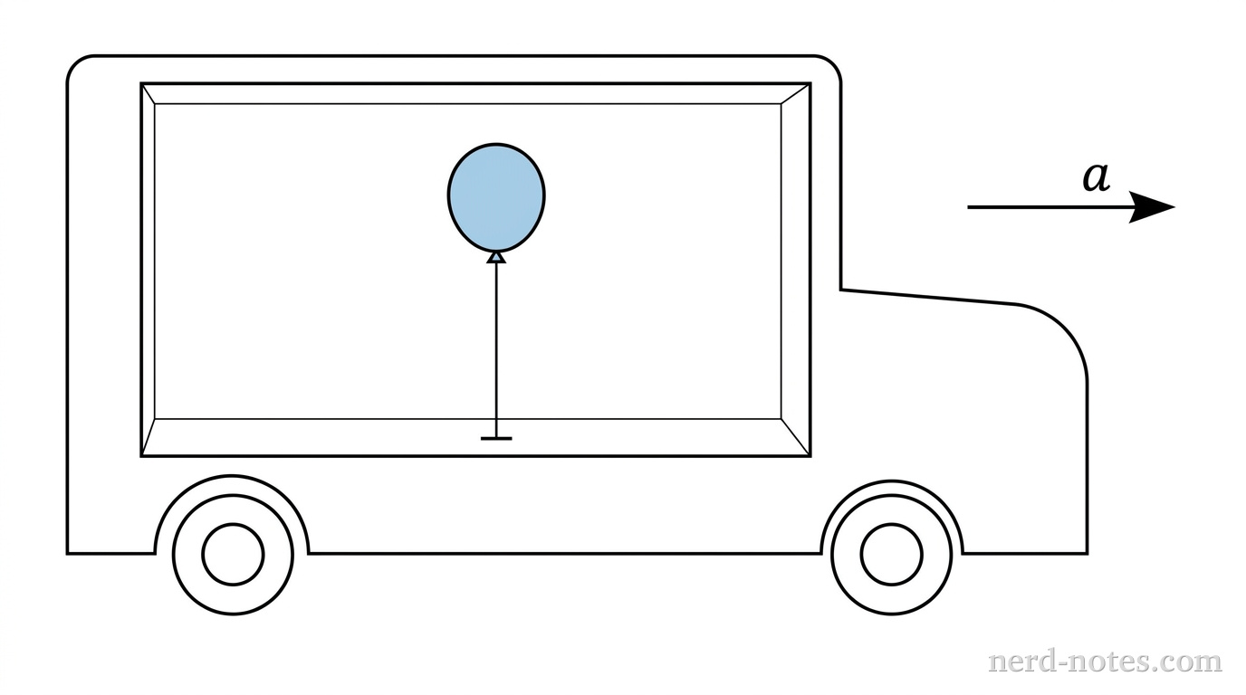 A side-view schematic of a passenger car with a large interior cabin. A balloon is tethered to the floor of the cabin by a vertical string. Outside the car, a vector arrow labeled 'a' points to the right, indicating forward acceleration. The balloon is shown in its initial vertical state before the car begins to move.