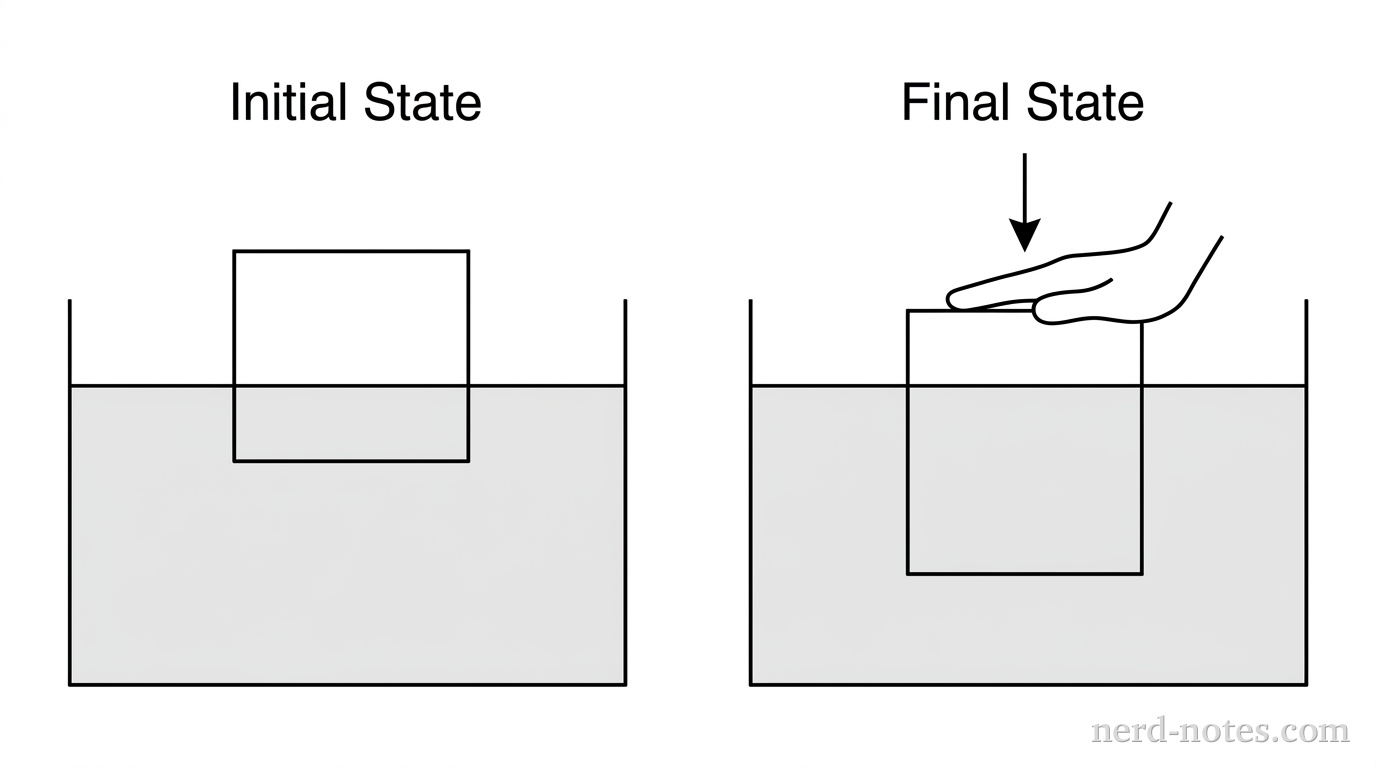 Two side-by-side diagrams of a rectangular block in a liquid. On the left, labeled 'Initial State', the block floats freely with a small portion (approximately one-fifth) of its height below the water line. On the right, labeled 'Final State', a hand is shown pushing down on the top of the same block so that a much larger portion (approximately four-fifths) of its height is below the water line.