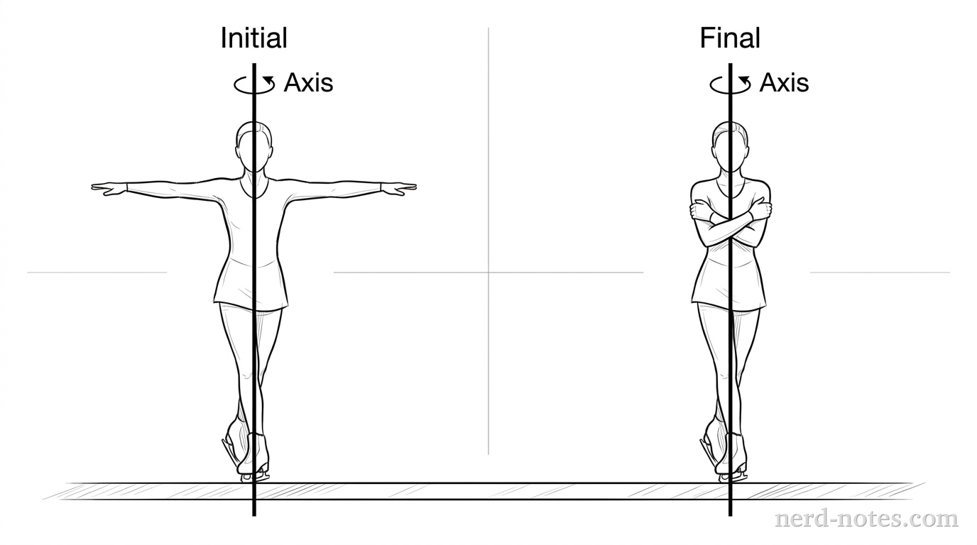 Two sketches of a figure skater. On the left, the skater is spinning with arms stretched out horizontally. On the right, the skater is spinning with arms tucked tightly against their chest. A vertical axis of rotation passes through the center of the skater in both sketches.