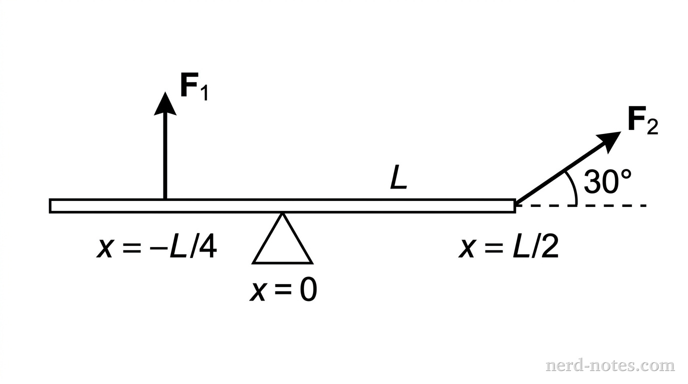 A rod pivoted at its center with two forces of equal magnitude applied at different locations and angles.