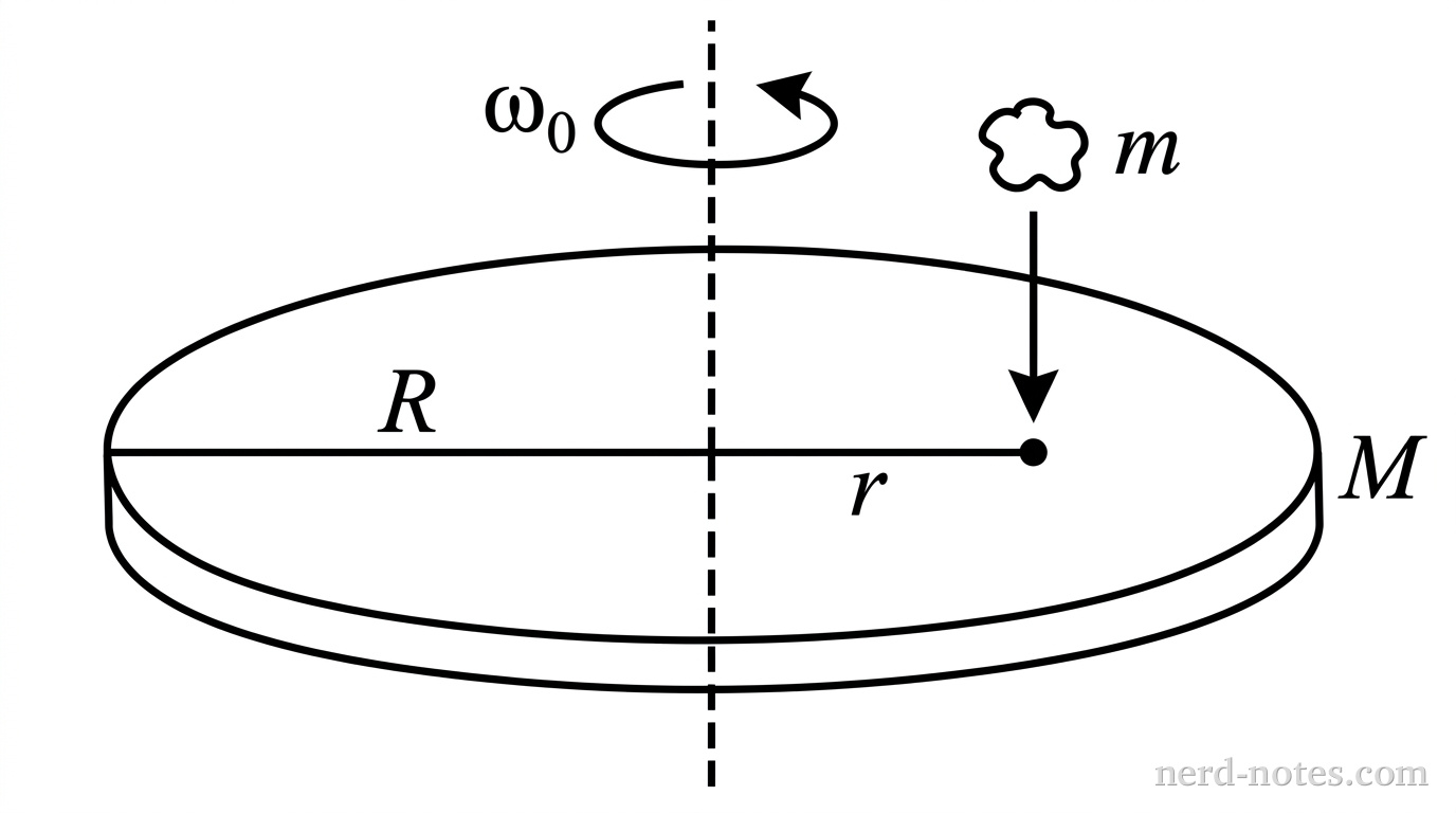 A perspective view of a flat, circular disk of radius R and mass M. A dashed vertical line passes through the center representing the rotation axis. A curved arrow labeled omega_0 indicates counter-clockwise rotation. Directly above a point on the disk at a distance r from the center, a small blob of clay of mass m is shown with a downward vertical arrow, indicating it is about to land on the disk.