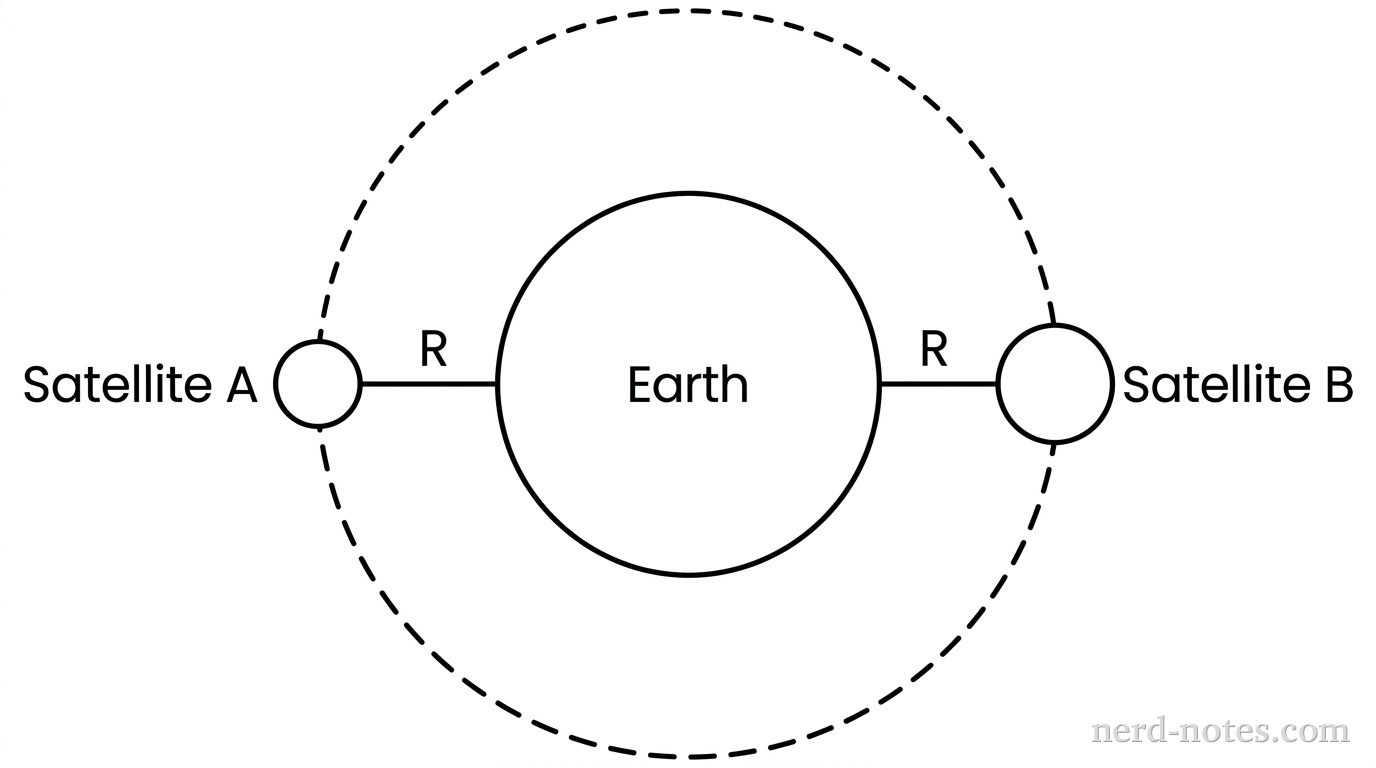 A central circle representing Earth. Two smaller circles representing Satellite A and Satellite B are positioned on a dashed circular path around Earth. Both satellites are at a radial distance R from the center of Earth. Satellite B is drawn slightly larger than Satellite A to indicate more mass.