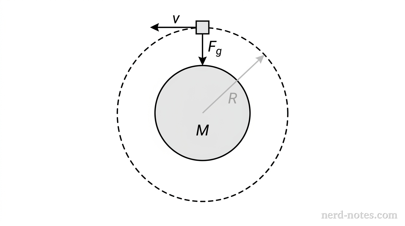 A diagram shows a large central circle representing a planet of mass M. A dashed circular path with radius R surrounds the planet. A small square representing a satellite is positioned on the path at the top. A horizontal arrow labeled v points to the left, tangent to the path. A vertical arrow labeled Fg points from the satellite directly toward the center of the planet.