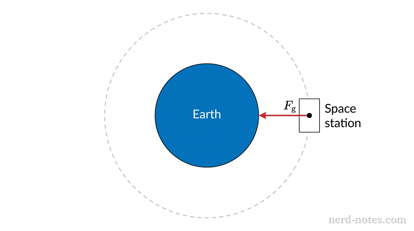 The diagram shows Earth as a large, solid blue circle in the center. A light-gray dashed line forms a perfect circle concentric with Earth, representing the orbital path of a space station. A small, white rectangular box represents the space station, located at the 3 o'clock position on the orbital path. Inside the space station, a small black dot represents an astronaut. A single red vector arrow originates from the black dot and points horizontally to the left, directly toward the center of Earth. This arrow is labeled with the symbol \(F_g\). There are no other force vectors shown on the astronaut.