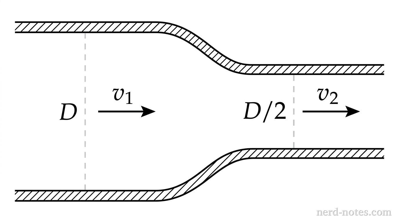 Side view of fluid flowing through a tapering pipe.