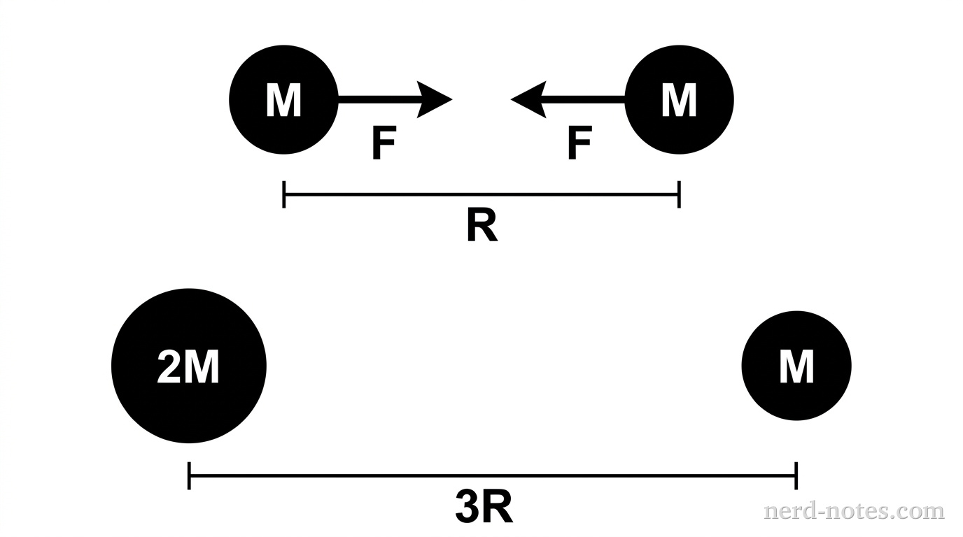 Two identical spheres labeled M are shown separated by a center-to-center distance R. An arrow between them indicates an attractive force F. A second scenario shows one sphere labeled 2M and one labeled M separated by a distance 3R.