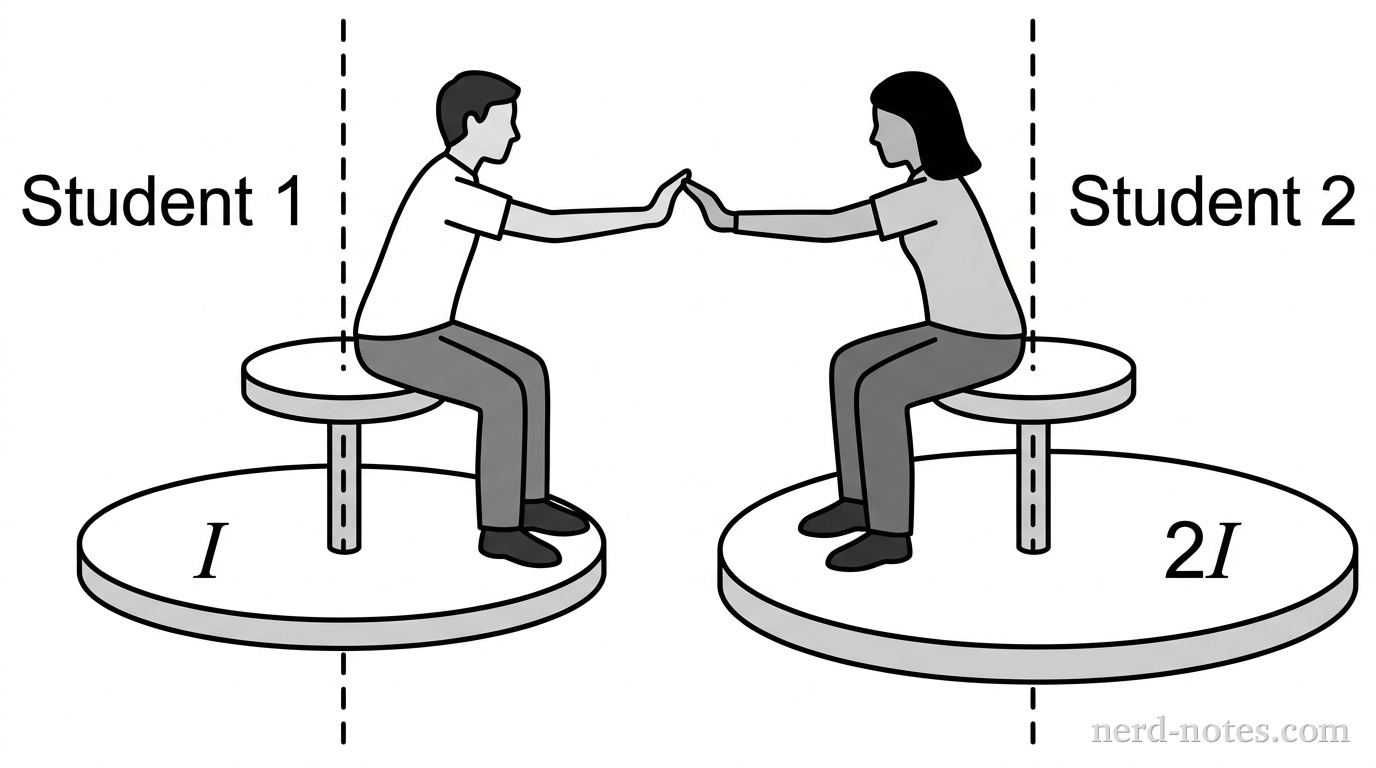 Two students sit on circular rotating platforms. Student 1 on the left is labeled with rotational inertia I, and Student 2 on the right is labeled with rotational inertia 2I. Their hands are touching as if pushing away from each other. Vertical dashed lines indicate the axis of rotation for each stool.