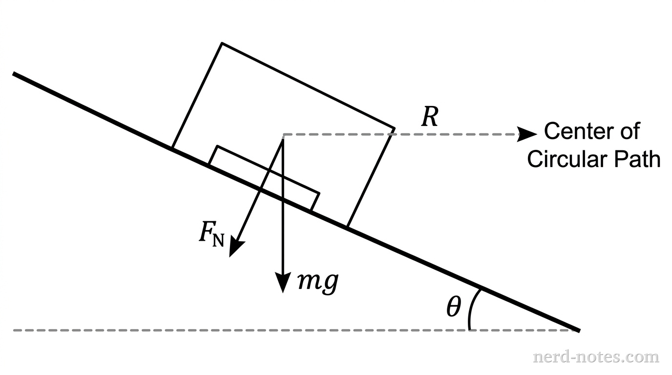 A cross-sectional view of a car modeled as a rectangular block on a track surface inclined at an angle theta. A dashed horizontal line extends from the car to the center of its circular path, labeled R. A downward arrow from the car represents the gravitational force mg. An arrow perpendicular to the track surface and pointing away from it represents the normal force F_N.