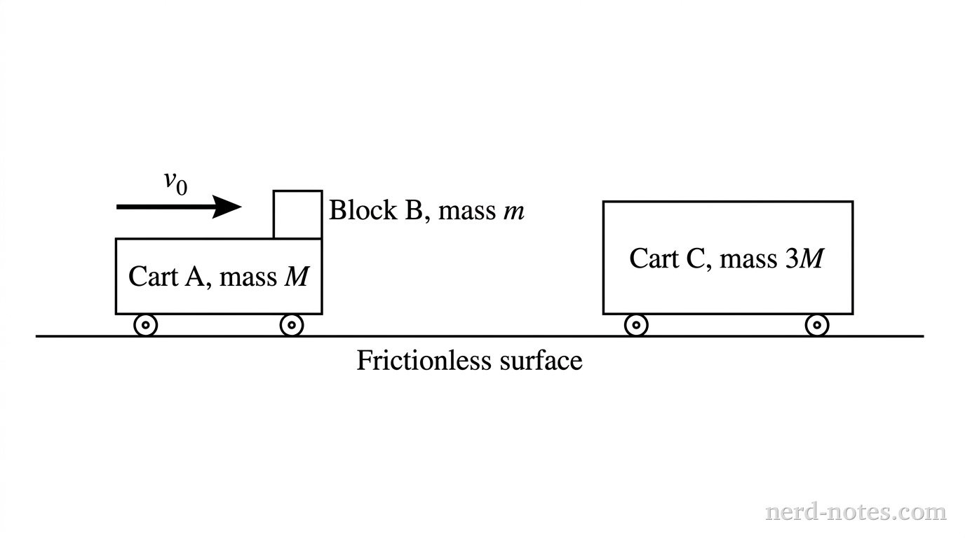 A horizontal solid line representing a frictionless surface. On the left, a rectangular box with wheels is labeled 'Cart A, mass M'. A smaller square labeled 'Block B, mass m' rests on the right edge of Cart A. A right-pointing arrow labeled 'v_0' is drawn above Cart A. On the right side of the surface, a larger rectangular box with wheels is labeled 'Cart C, mass 3M'. Cart C is stationary, with no arrows above it.
