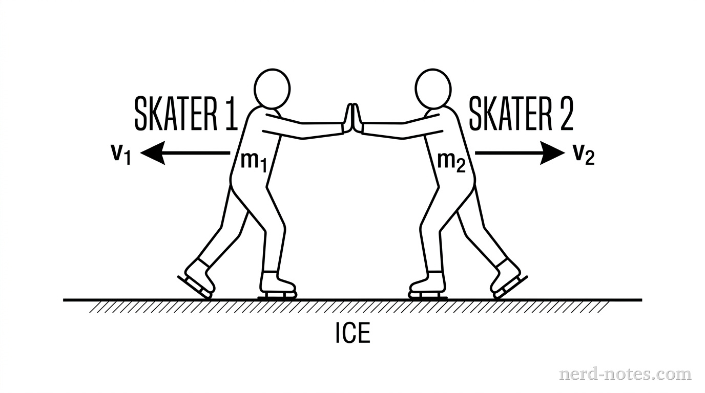 Two skaters pushing off each other on a frictionless surface.