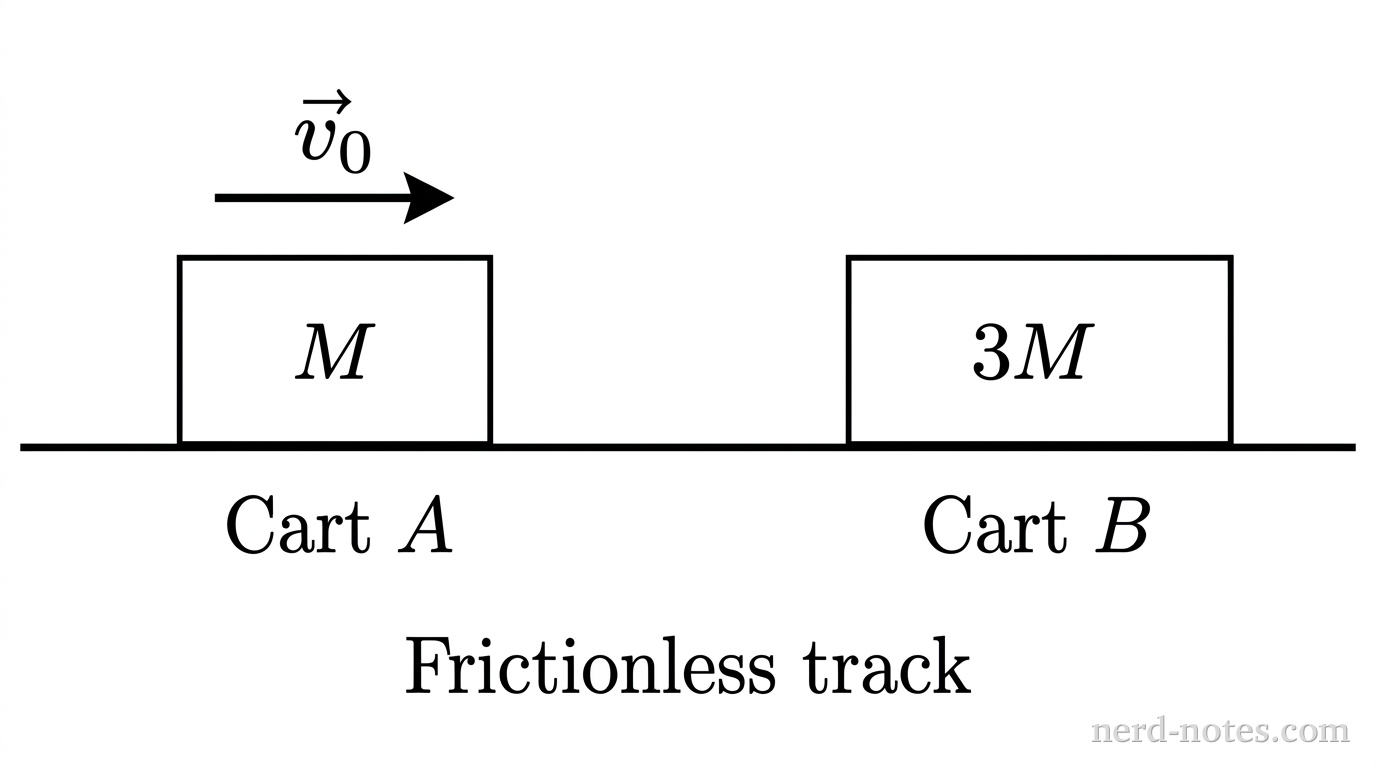 A horizontal line representing a track. On the track, there are two rectangular carts. The left cart is labeled 'Cart A' and has 'M' written inside it. It has a right-pointing vector arrow above it labeled 'v_0'. The right cart is labeled 'Cart B' and has '3M' written inside it. It has no velocity arrow. The surface below the carts is labeled 'Frictionless track'.