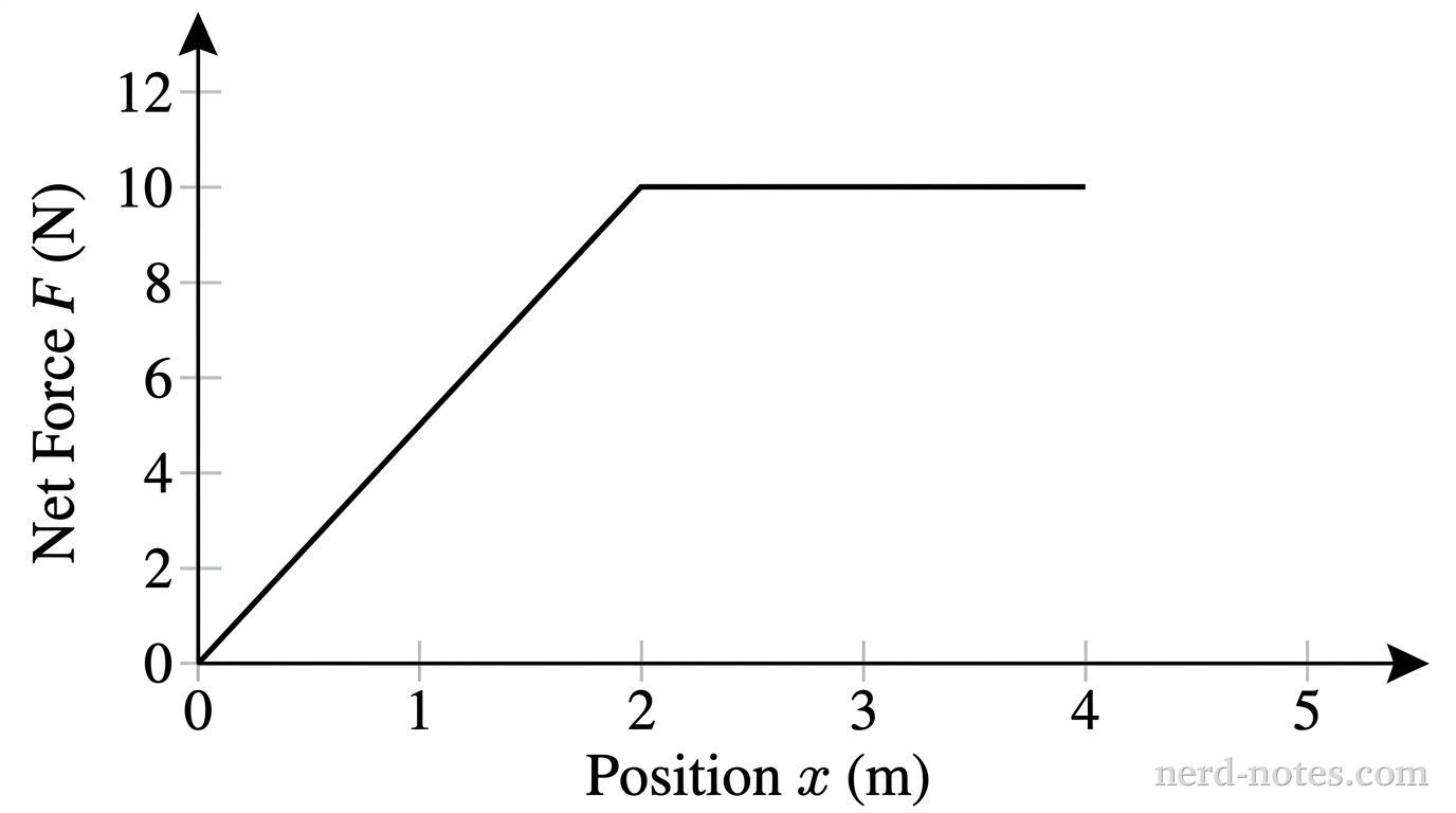 A graph of Net Force F in Newtons versus Position x in meters. The vertical axis F ranges from 0 to 12 with major tick marks every 2 units. The horizontal axis x ranges from 0 to 5 with major tick marks every 1 unit. The graph consists of two segments: a linear segment starting at (0, 0) and increasing to (2.0, 10.0), and a horizontal segment starting at (2.0, 10.0) and continuing at a constant value of 10.0 N until it ends at (4.0, 10.0).