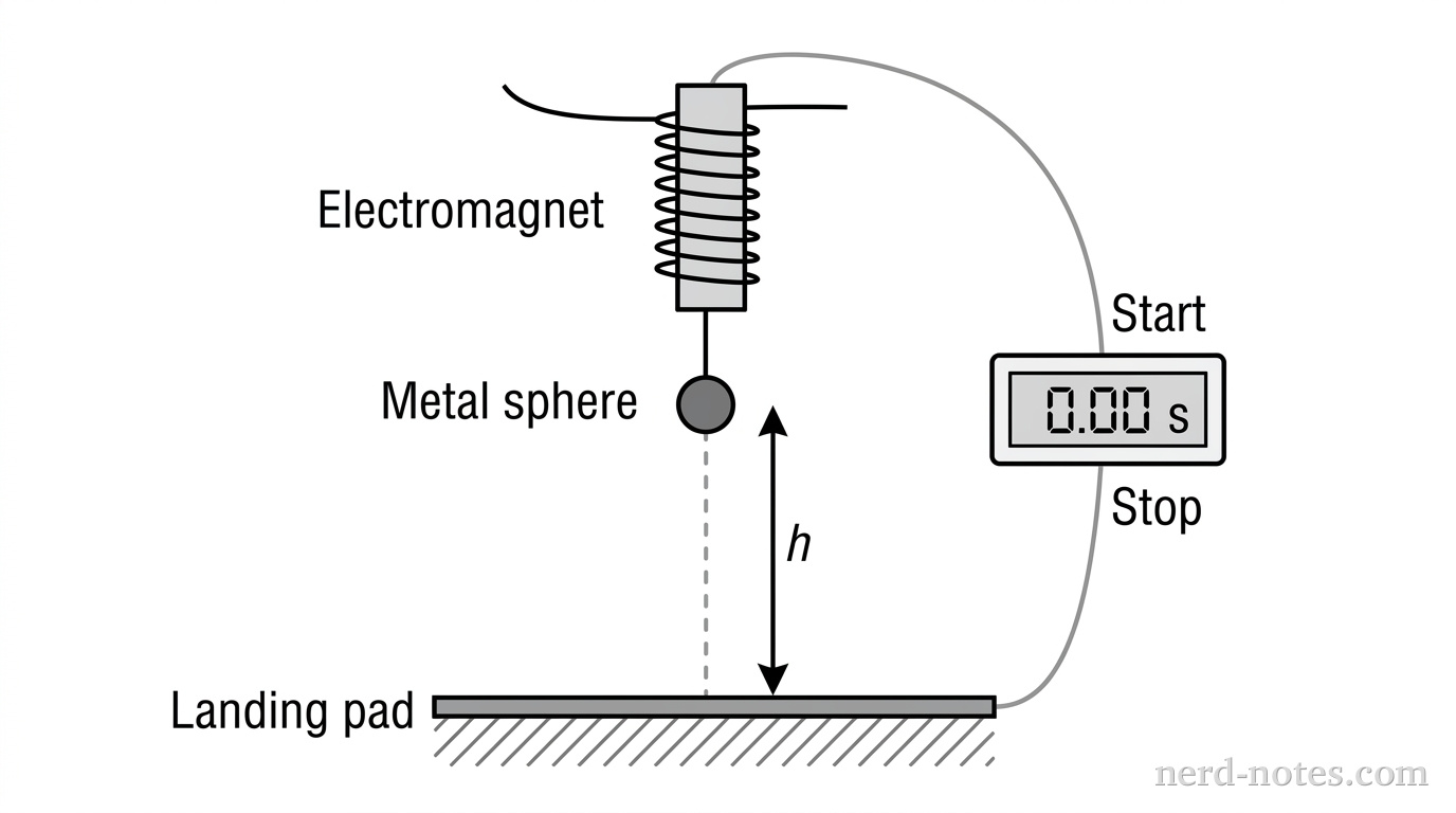 A vertical setup showing a metal sphere held by an electromagnet at a height h above a horizontal landing pad. A dashed vertical line indicates the drop path from the sphere to the pad. A digital timer is shown to the side, with one wire connected to the electromagnet and another to the landing pad to record the fall time.
