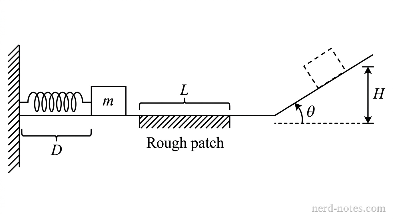 A horizontal track that transitions into a rightward upward-sloping incline. On the far left of the horizontal track, a vertical wall has a spring attached to it. The right end of the spring is touching a rectangular block labeled 'm'. A horizontal bracket labeled 'D' indicates the compression of the spring. Further to the right on the horizontal track is a shaded rectangular region labeled 'Rough patch'. A horizontal bracket above the rough patch is labeled 'L'. To the right of the rough patch, the track slants upward. An angle arc labeled '\theta' is shown between the horizontal dashed line and the slanted incline. A dashed outline of the block is shown at a vertical height 'H' on the incline to indicate its maximum position.
