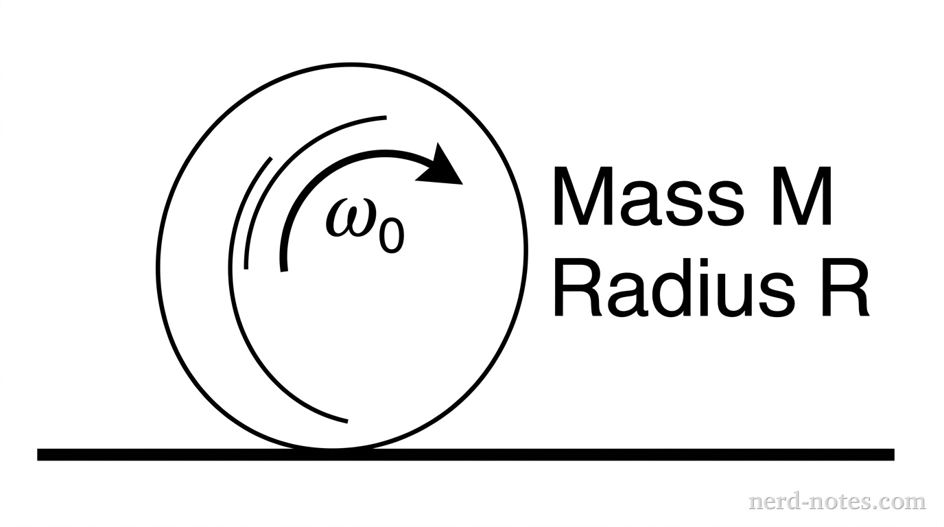 A side-view diagram showing a solid circle representing the cylinder. The circle is located just barely above a thick solid horizontal line that represents the rough surface. Inside the circle, a curved arrow labeled '\(\omega_0\)' points in a clockwise direction to indicate the initial rotation. Next to the cylinder, text reads 'Mass \(M\), Radius \(R\)'.