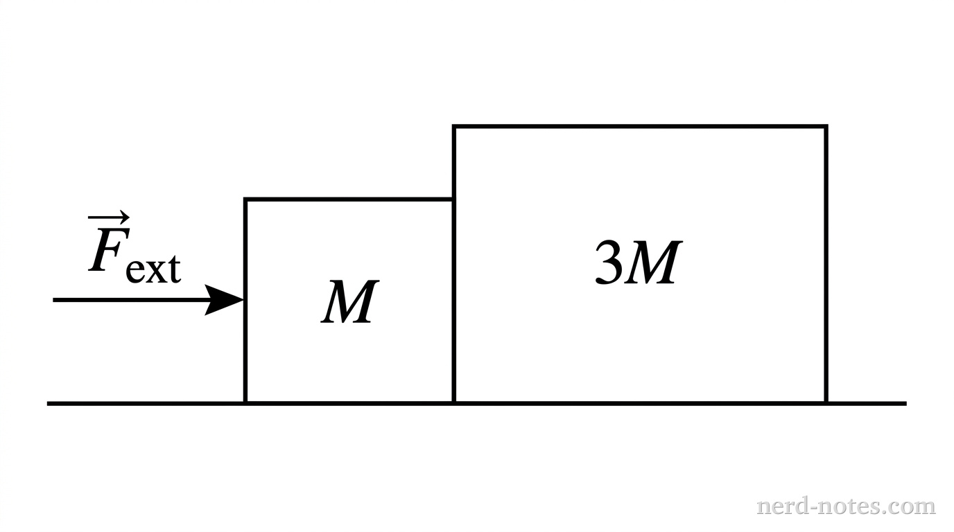 Experimental setup showing external force applied to a two-block system.