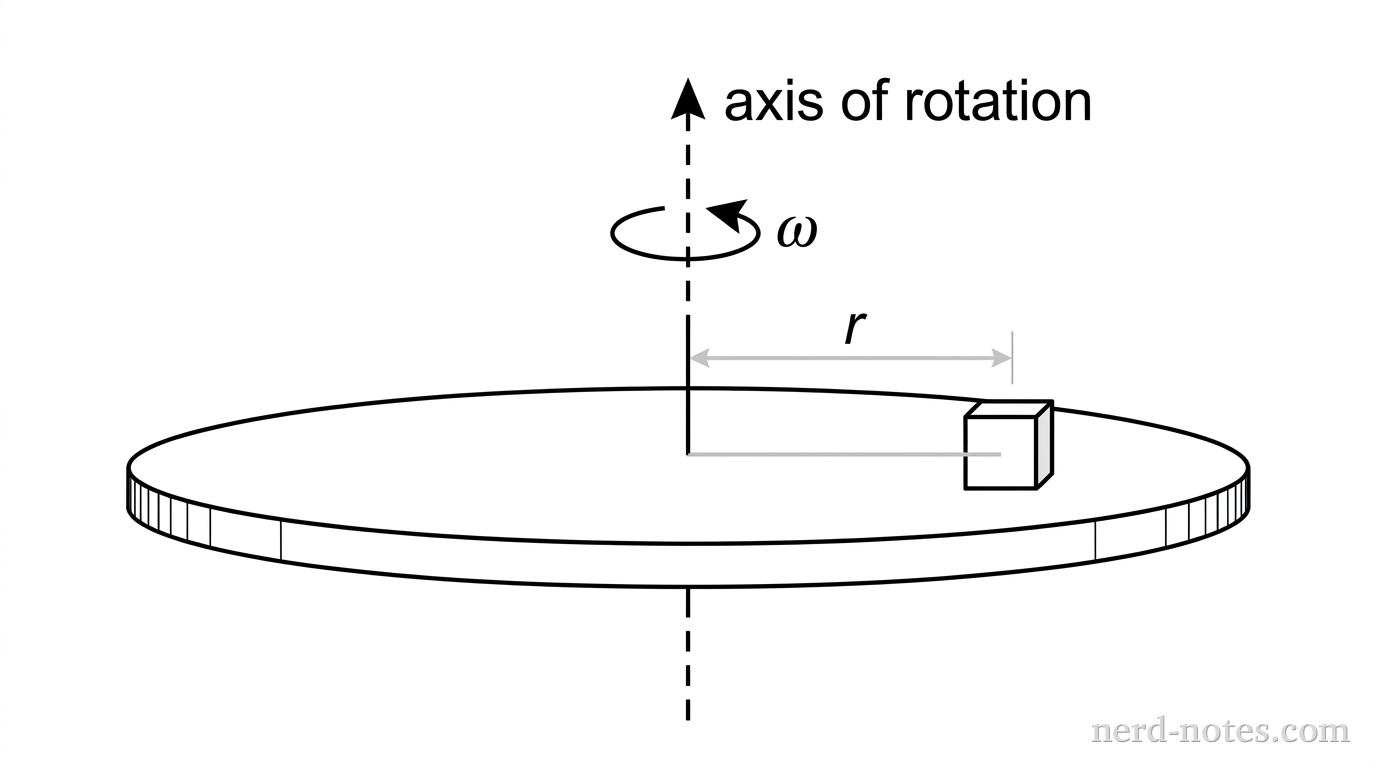 A side-view diagram shows a flat horizontal disk. A vertical dashed line passes through the center of the disk to indicate the axis of rotation. A small square block is positioned on the top surface of the disk at a horizontal distance r from the axis. A curved arrow around the axis indicates the disk is rotating with an angular speed omega.