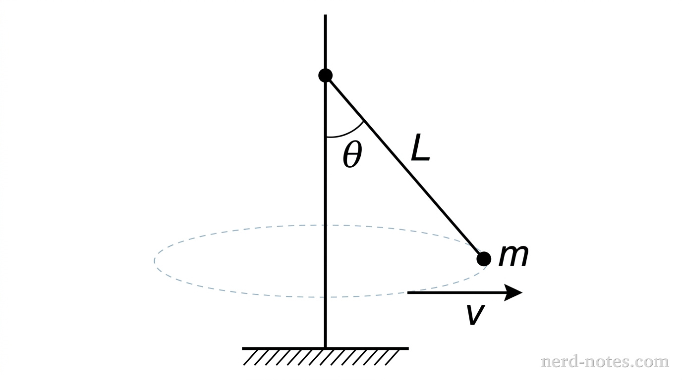 A vertical pole is anchored to a flat surface. A dashed horizontal ellipse indicates the circular path of the sphere in perspective. A solid line representing a string connects a point on the vertical pole down to a solid dot representing the sphere. An angle arc and label '\(\theta\)' indicate the angle between the vertical pole and the string. The string is labeled with length '\(L\)'. The sphere is labeled with mass '\(m\)'. An arrow tangent to the dashed circle points forward to indicate the velocity '\(v\)'.