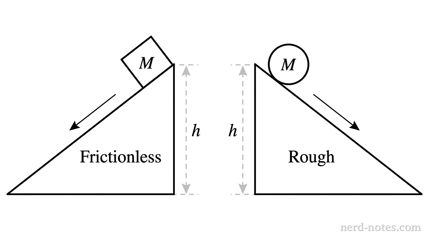A block and a sphere of equal mass released from height h.